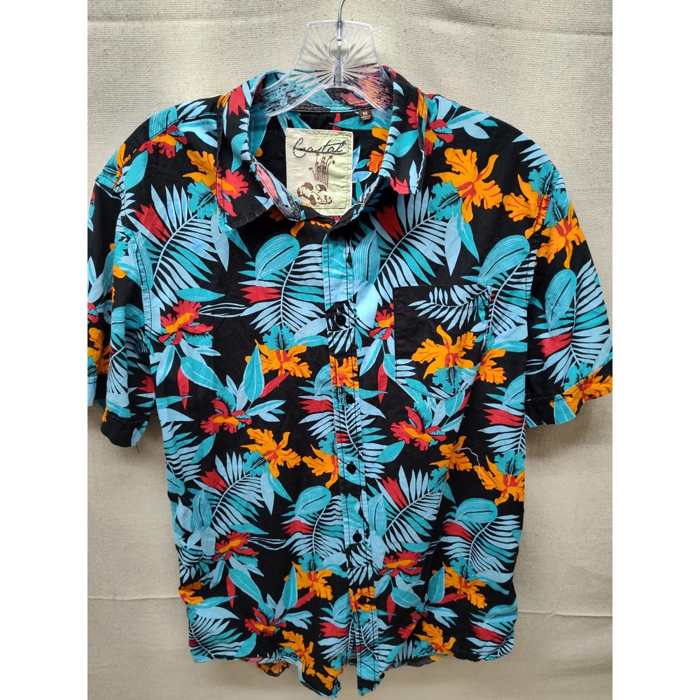 Coastal Mens Tropical Floral Palm Print Button Up Shirt Black Blue Orange Size M